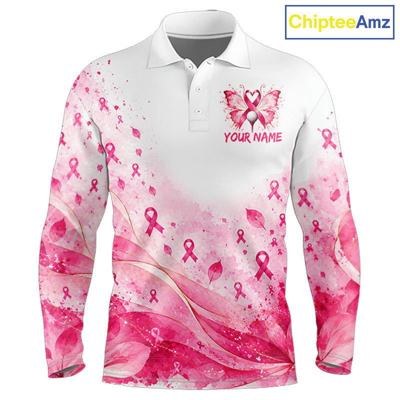Breast Cancer Awareness Butterfly Golf Polo Shirt Custom Pink Ribbon Team Jersey