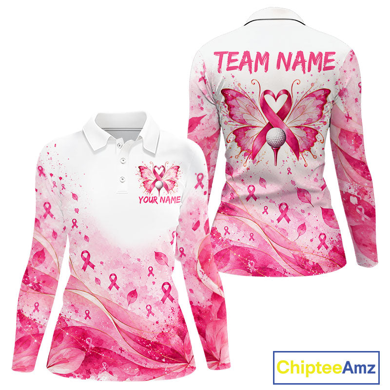 Breast Cancer Awareness Butterfly Golf Polo Shirt Custom Pink Ribbon Team Jersey