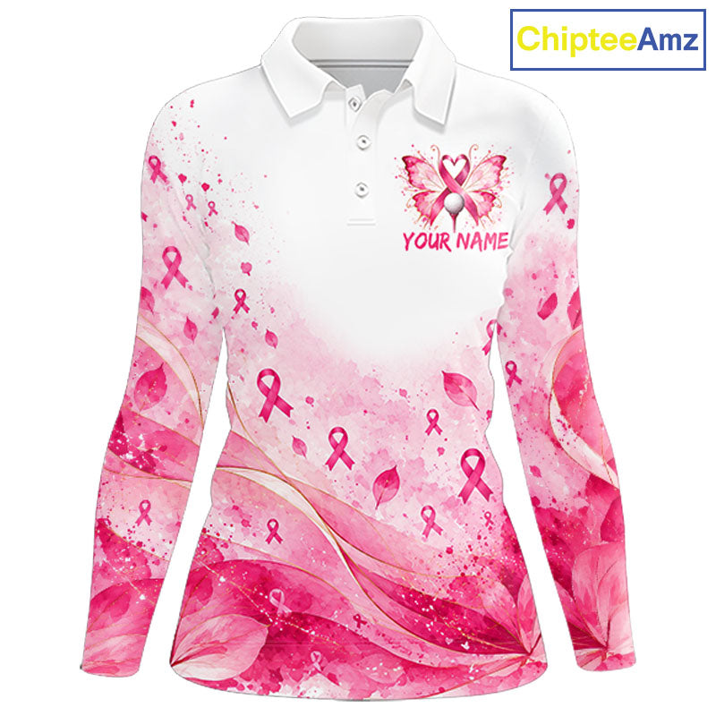 Breast Cancer Awareness Butterfly Golf Polo Shirt Custom Pink Ribbon Team Jersey