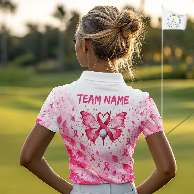 Breast Cancer Awareness Butterfly Golf Polo Shirt Custom Pink Ribbon Team Jersey