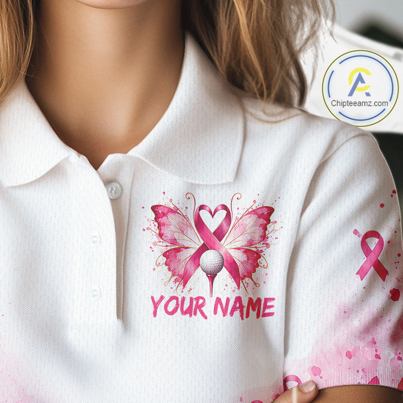 Breast Cancer Awareness Butterfly Golf Polo Shirt Custom Pink Ribbon Team Jersey