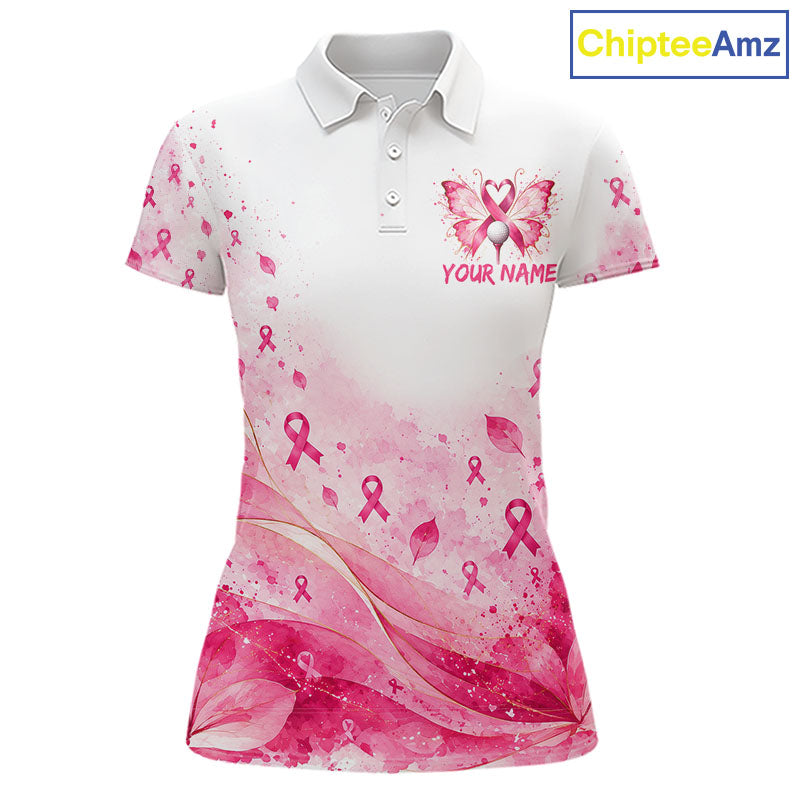 Breast Cancer Awareness Butterfly Golf Polo Shirt Custom Pink Ribbon Team Jersey
