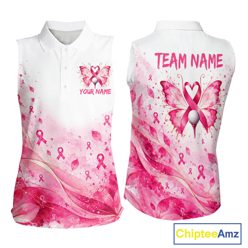 Breast Cancer Awareness Butterfly Sleeveless Golf Polo Shirt Custom Pink Ribbon Team Jersey