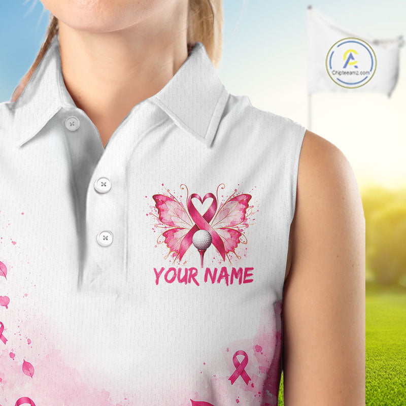 Breast Cancer Awareness Butterfly Sleeveless Golf Polo Shirt Custom Pink Ribbon Team Jersey