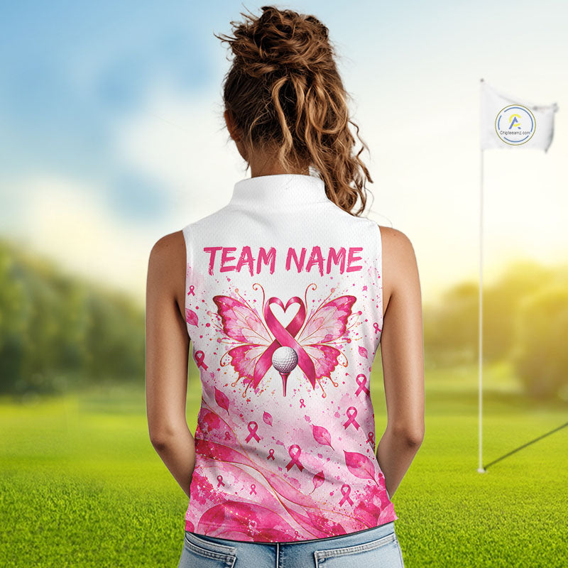 Breast Cancer Awareness Butterfly Sleeveless Golf Polo Shirt Custom Pink Ribbon Team Jersey