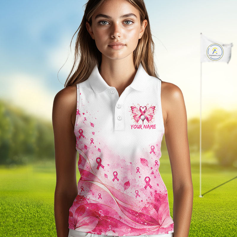 Breast Cancer Awareness Butterfly Sleeveless Golf Polo Shirt Custom Pink Ribbon Team Jersey