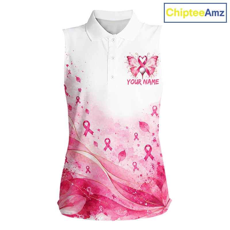 Breast Cancer Awareness Butterfly Sleeveless Golf Polo Shirt Custom Pink Ribbon Team Jersey
