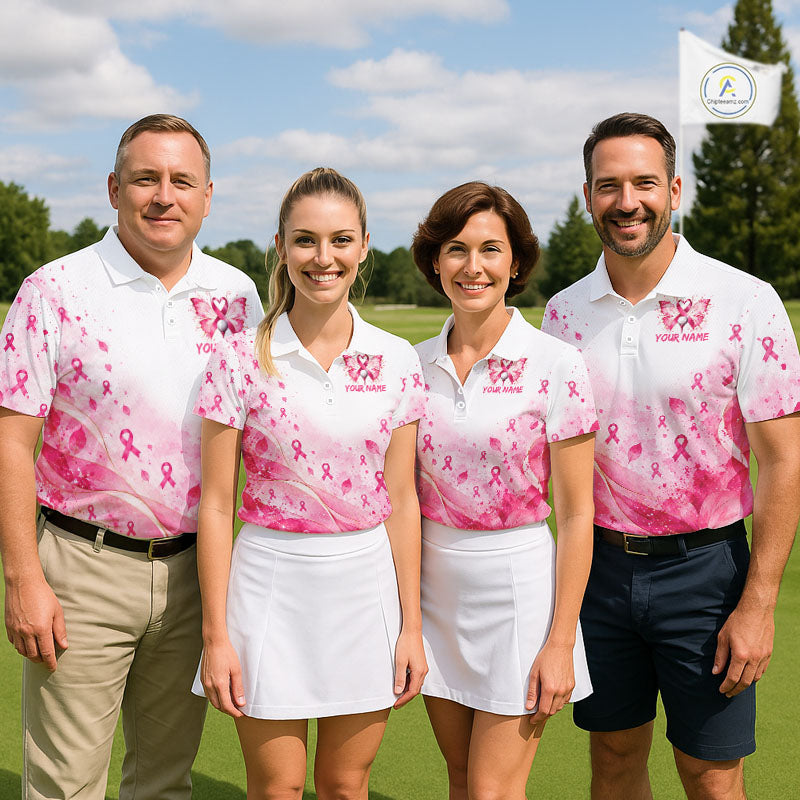 Breast Cancer Awareness Butterfly Golf Polo Shirt Custom Pink Ribbon Team Jersey
