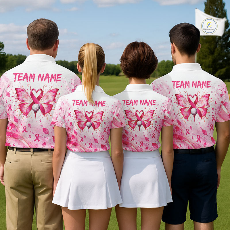 Breast Cancer Awareness Butterfly Golf Polo Shirt Custom Pink Ribbon Team Jersey