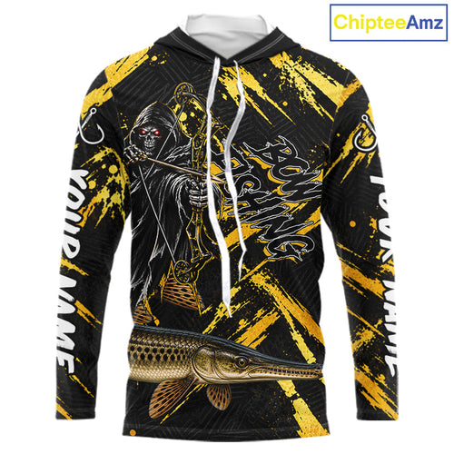 Alligator Gar Fishing Shirts Hoodeds Long Sleeve, Grim Reaper Fishing Apparel, Bowfishing Gift