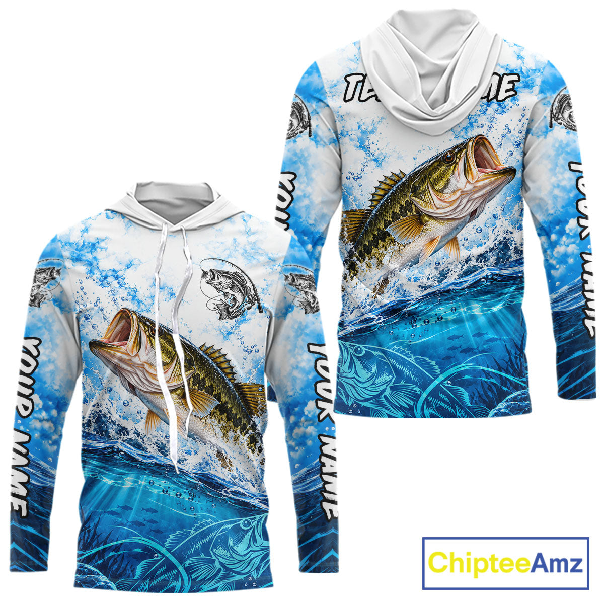 Blue Ocean Water Bass Hooded Fishing Shirt Custom Outdoor Sports Performance Jersey