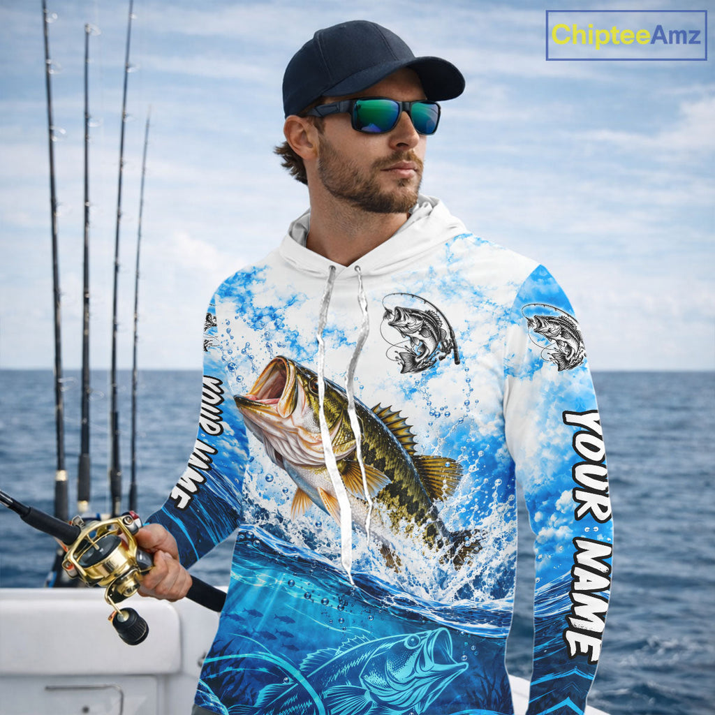 Blue Ocean Water Bass Hooded Fishing Shirt Custom Outdoor Sports Performance Jersey
