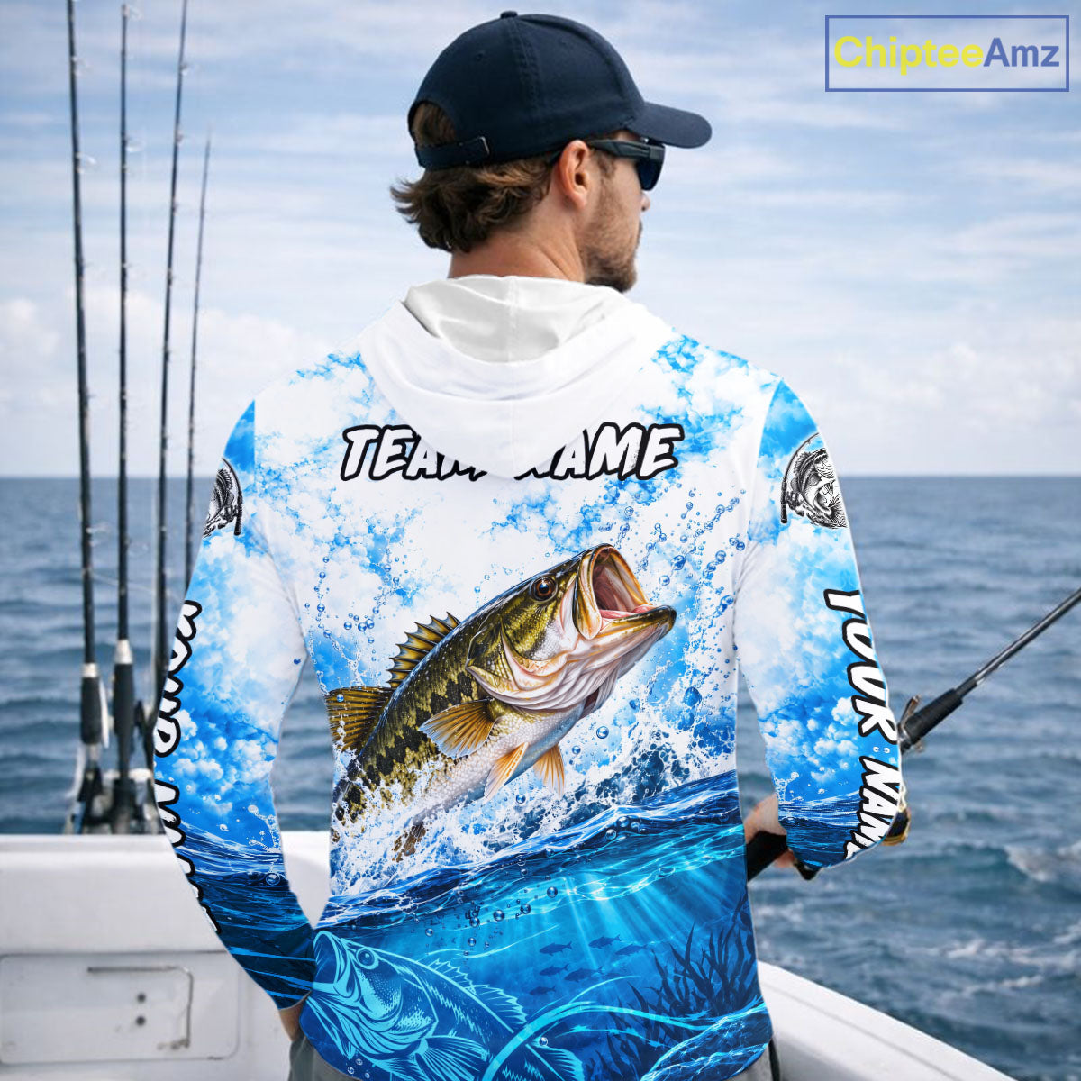 Blue Ocean Water Bass Hooded Fishing Shirt Custom Outdoor Sports Performance Jersey