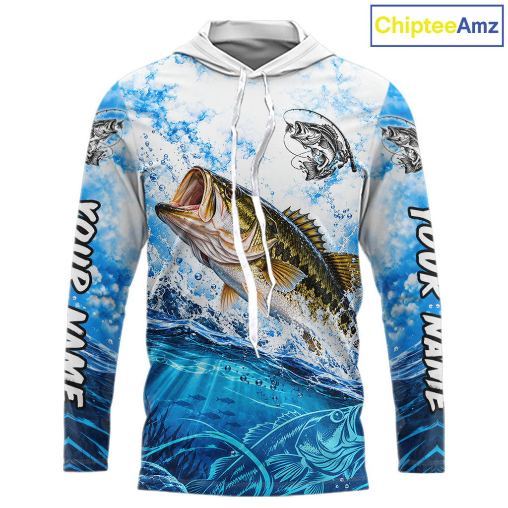 Blue Ocean Water Bass Hooded Fishing Shirt Custom Outdoor Sports Performance Jersey