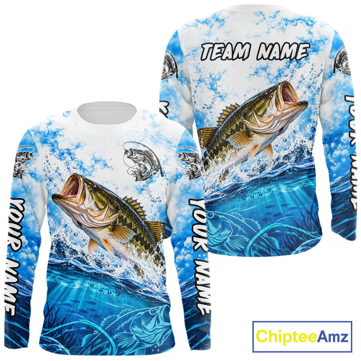 Blue Ocean Water Bass Fishing Shirt Long Sleeve Custom Outdoor Sports Performance Jersey