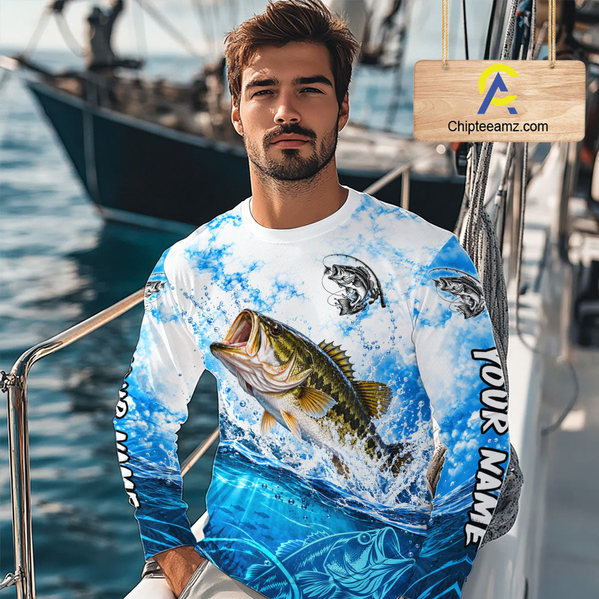 Blue Ocean Water Bass Fishing Shirt Long Sleeve Custom Outdoor Sports Performance Jersey