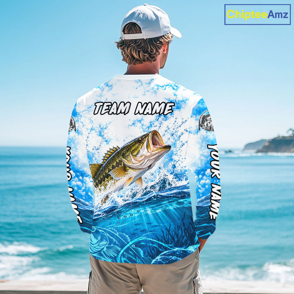 Blue Ocean Water Bass Fishing Shirt Long Sleeve Custom Outdoor Sports Performance Jersey