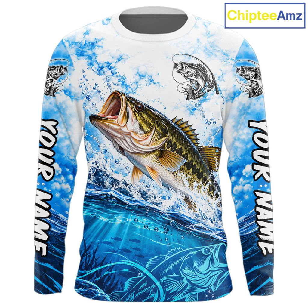 Blue Ocean Water Bass Fishing Shirt Long Sleeve Custom Outdoor Sports Performance Jersey