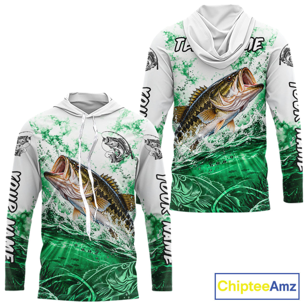 Green Ocean Water Bass Hooded Fishing Shirt Custom Outdoor Sports Performance Jersey
