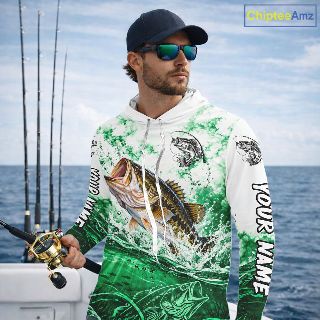 Green Ocean Water Bass Hooded Fishing Shirt Custom Outdoor Sports Performance Jersey