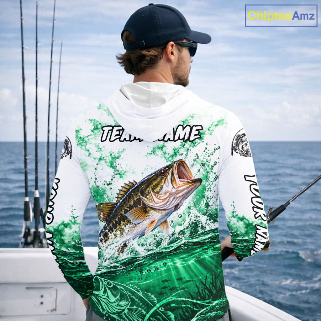 Green Ocean Water Bass Hooded Fishing Shirt Custom Outdoor Sports Performance Jersey