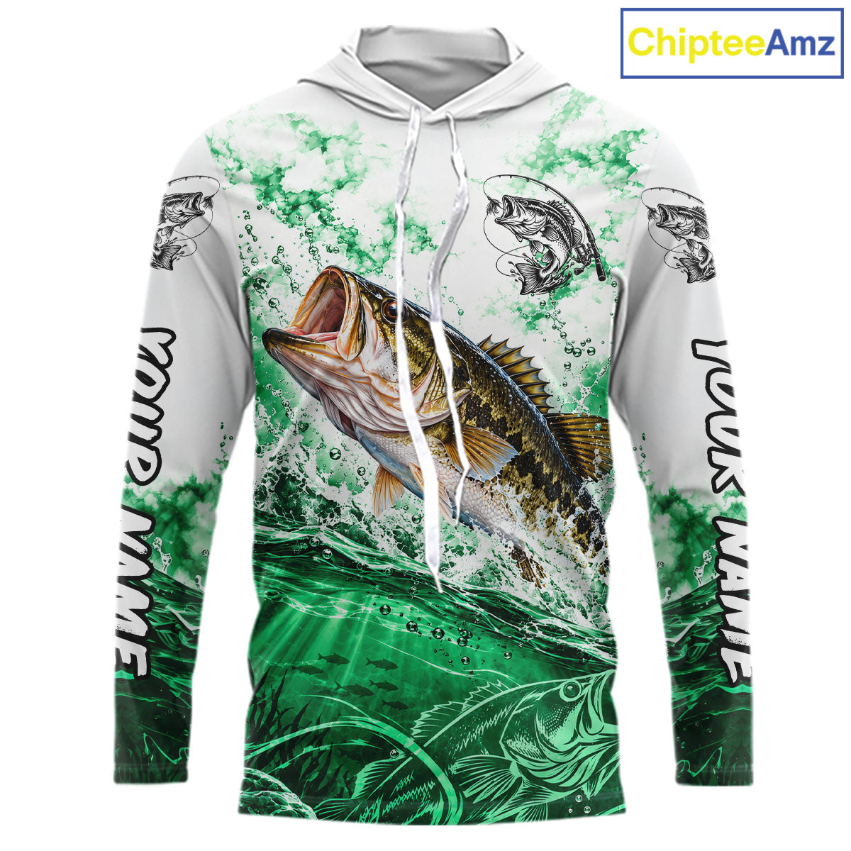 Green Ocean Water Bass Hooded Fishing Shirt Custom Outdoor Sports Performance Jersey