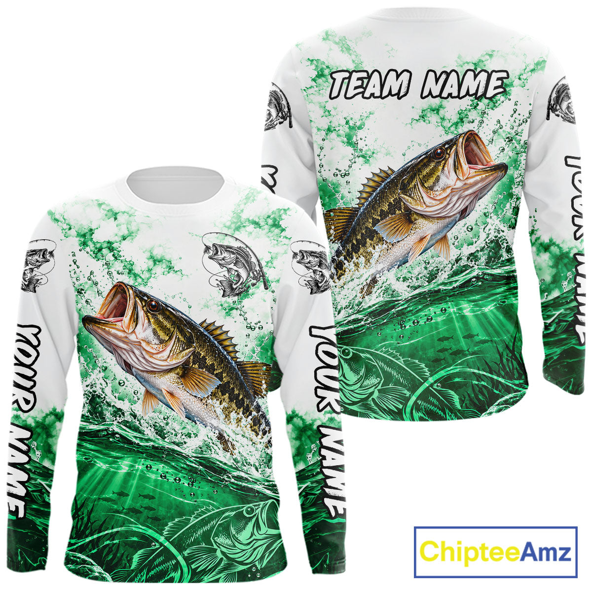 Green Ocean Water Bass Fishing Shirt Long Sleeve Custom Outdoor Sports Performance Jersey
