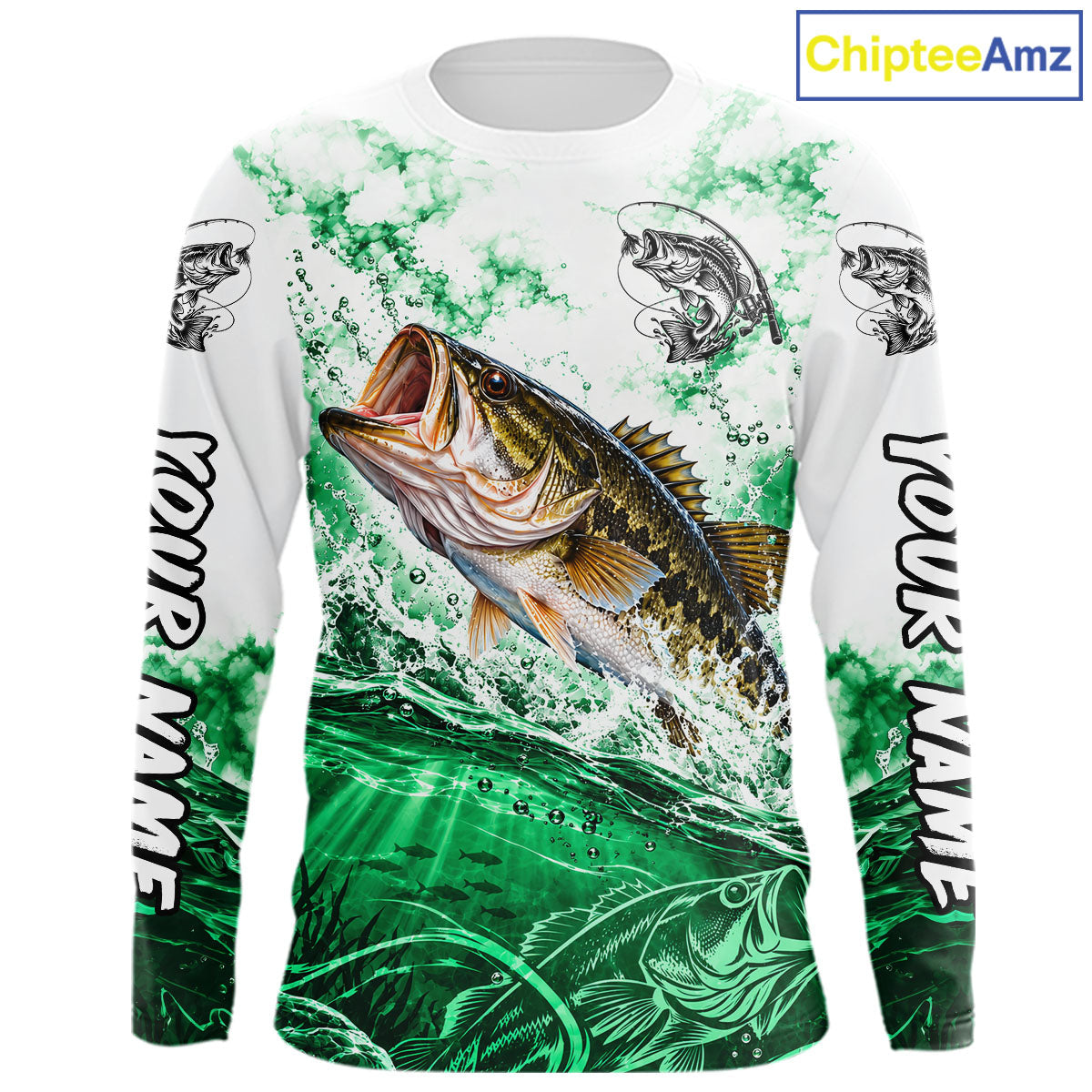Green Ocean Water Bass Fishing Shirt Long Sleeve Custom Outdoor Sports Performance Jersey