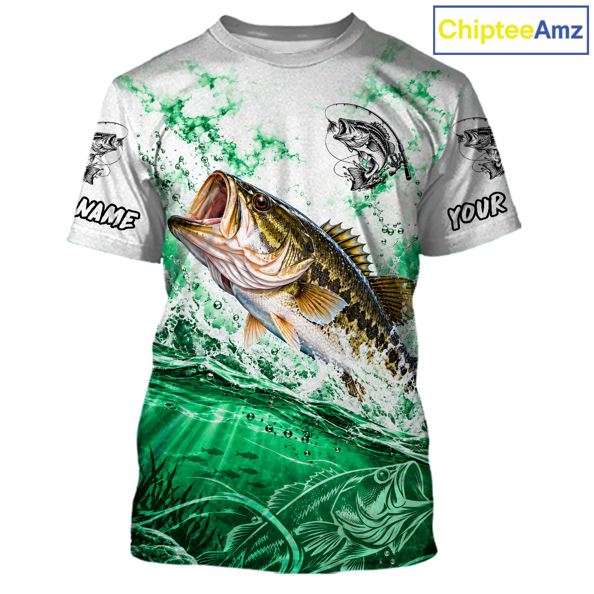 Green Ocean Water Bass Fishing Shirt Short Sleeve Custom Outdoor Sports Performance Jersey