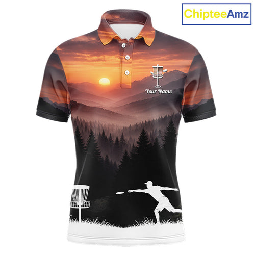 Disc Golf Shirts Custom Mountain Sunset Polo, Lightweight Performance Wear Team Disc Golf Apparel