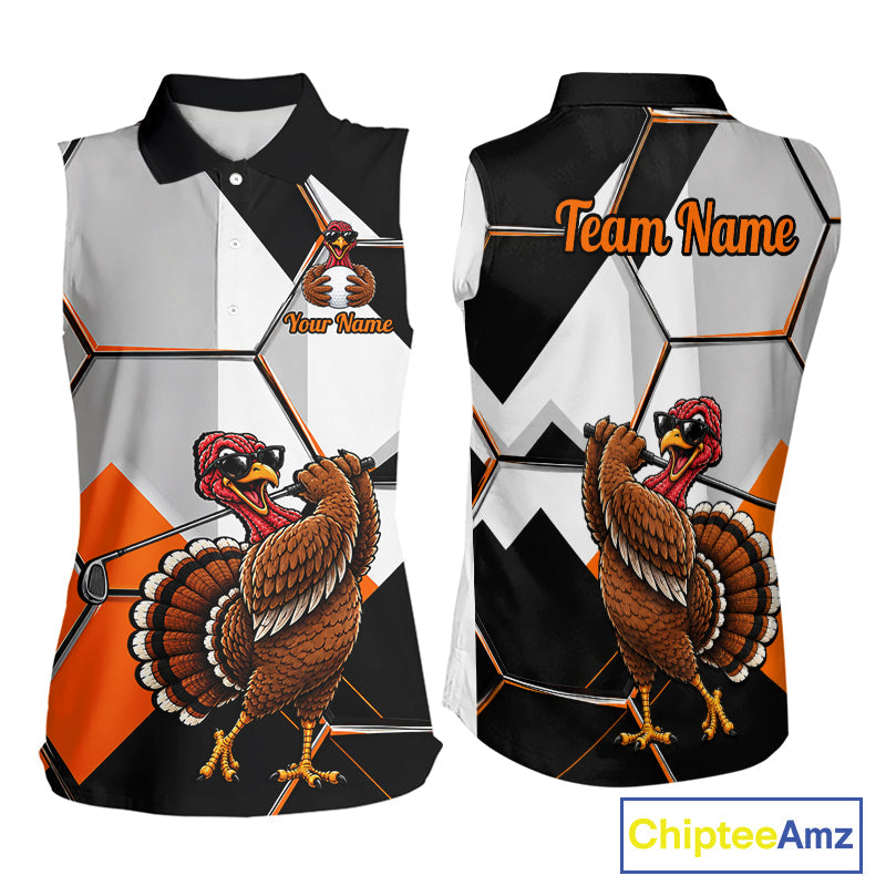 Personalized Thanksgiving Sleeveless Golf Shirt, Funny Team Golf Apparel, Custom Turkey Golf Polo Shirt