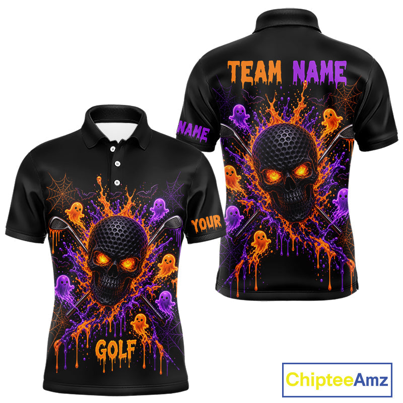 Personalized Spooky Halloween Golf Polo Shirt, Orange Purple Skull Dripping Slime Apparel