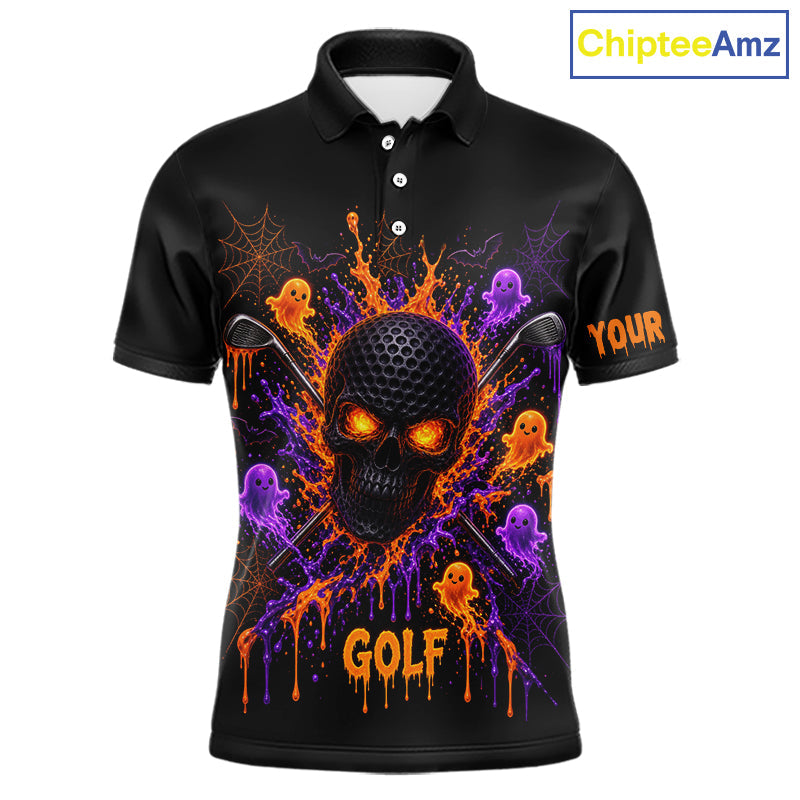 Personalized Spooky Halloween Golf Polo Shirt, Orange Purple Skull Dripping Slime Apparel