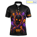 Personalized Spooky Halloween Golf Polo Shirt, Orange Purple Skull Dripping Slime Apparel