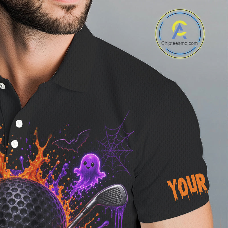 Personalized Spooky Halloween Golf Polo Shirt, Orange Purple Skull Dripping Slime Apparel