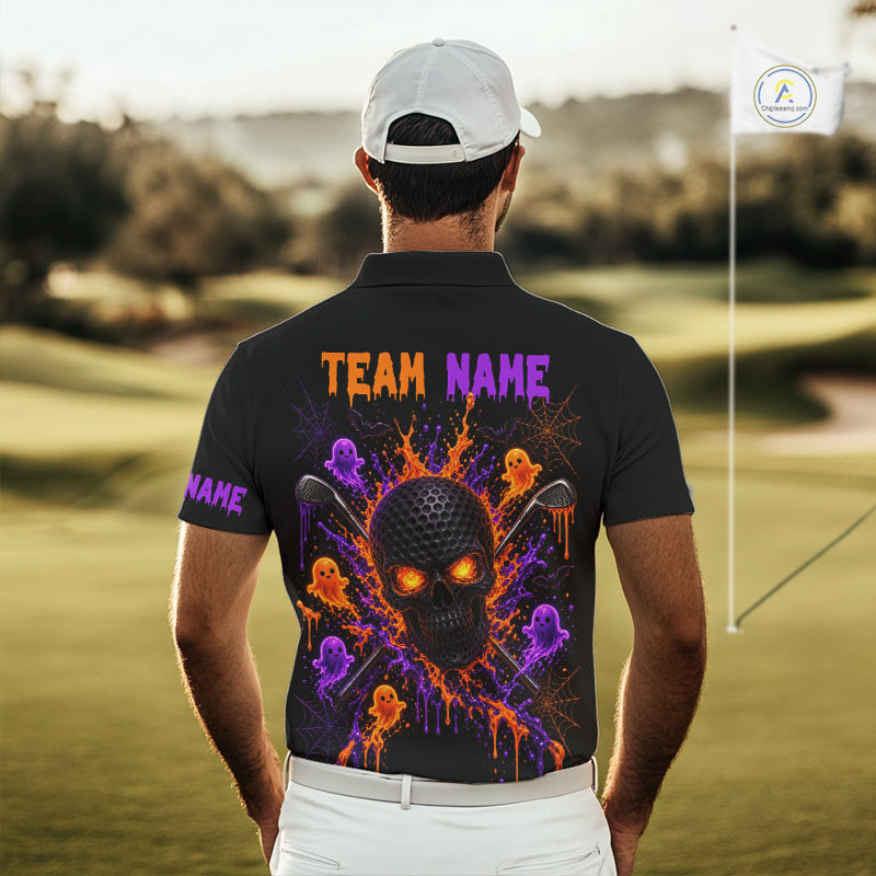 Personalized Spooky Halloween Golf Polo Shirt, Orange Purple Skull Dripping Slime Apparel