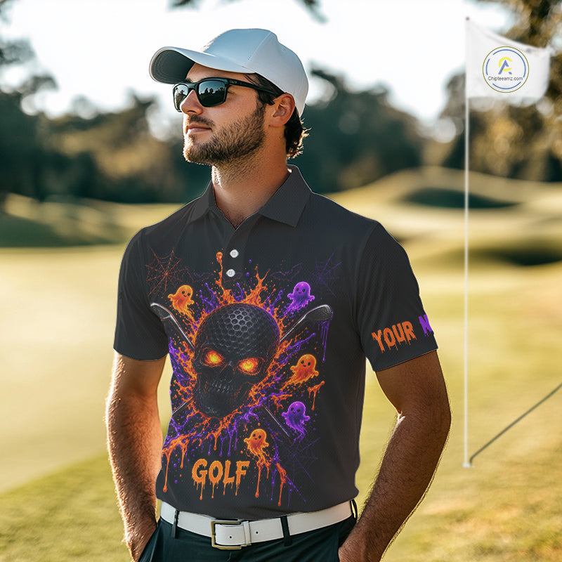 Personalized Spooky Halloween Golf Polo Shirt, Orange Purple Skull Dripping Slime Apparel