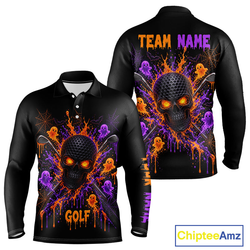 Personalized Spooky Halloween Golf Polo Shirt, Orange Purple Skull Dripping Slime Apparel