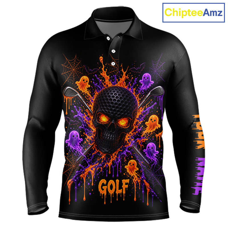 Personalized Spooky Halloween Golf Polo Shirt, Orange Purple Skull Dripping Slime Apparel