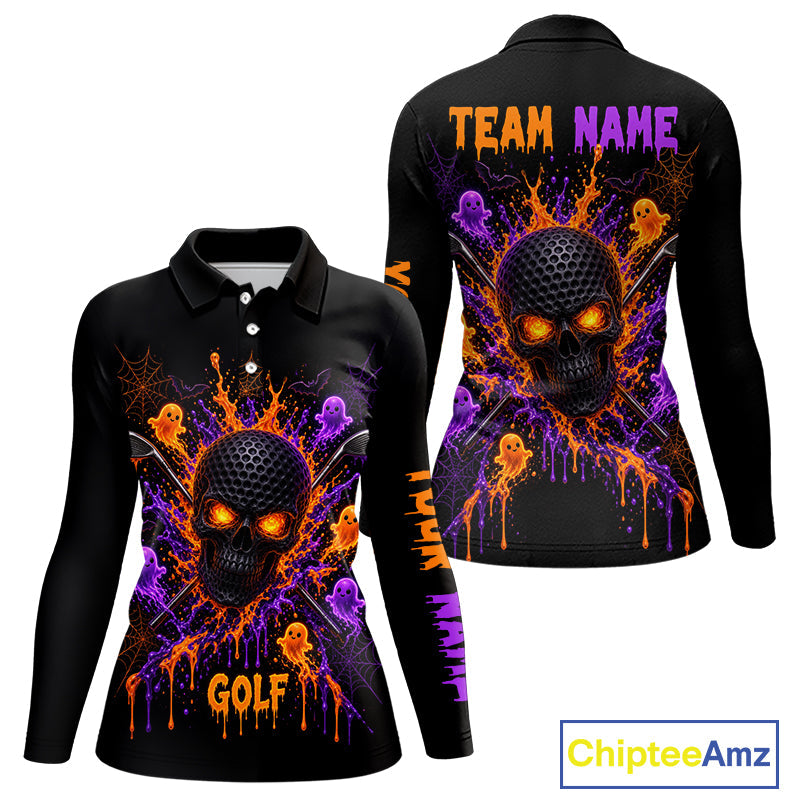 Personalized Spooky Halloween Golf Polo Shirt, Orange Purple Skull Dripping Slime Apparel