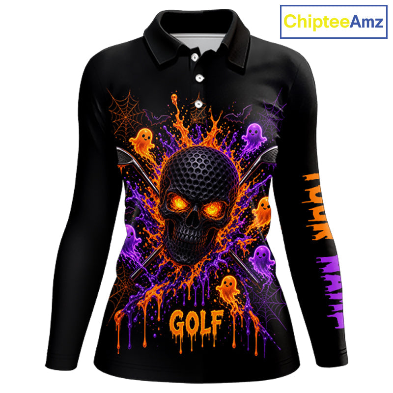 Personalized Spooky Halloween Golf Polo Shirt, Orange Purple Skull Dripping Slime Apparel