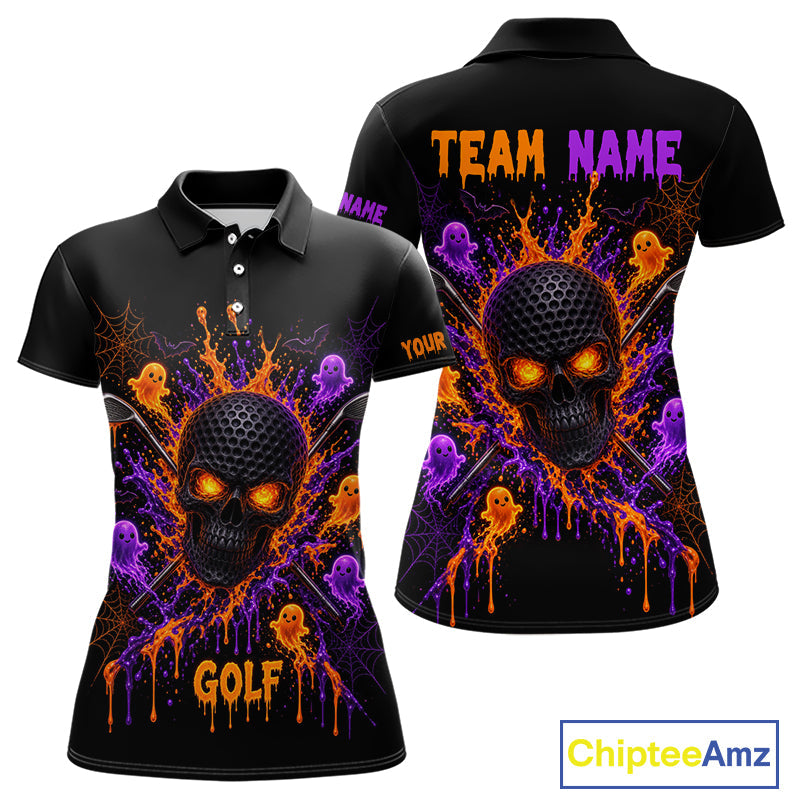 Personalized Spooky Halloween Golf Polo Shirt, Orange Purple Skull Dripping Slime Apparel