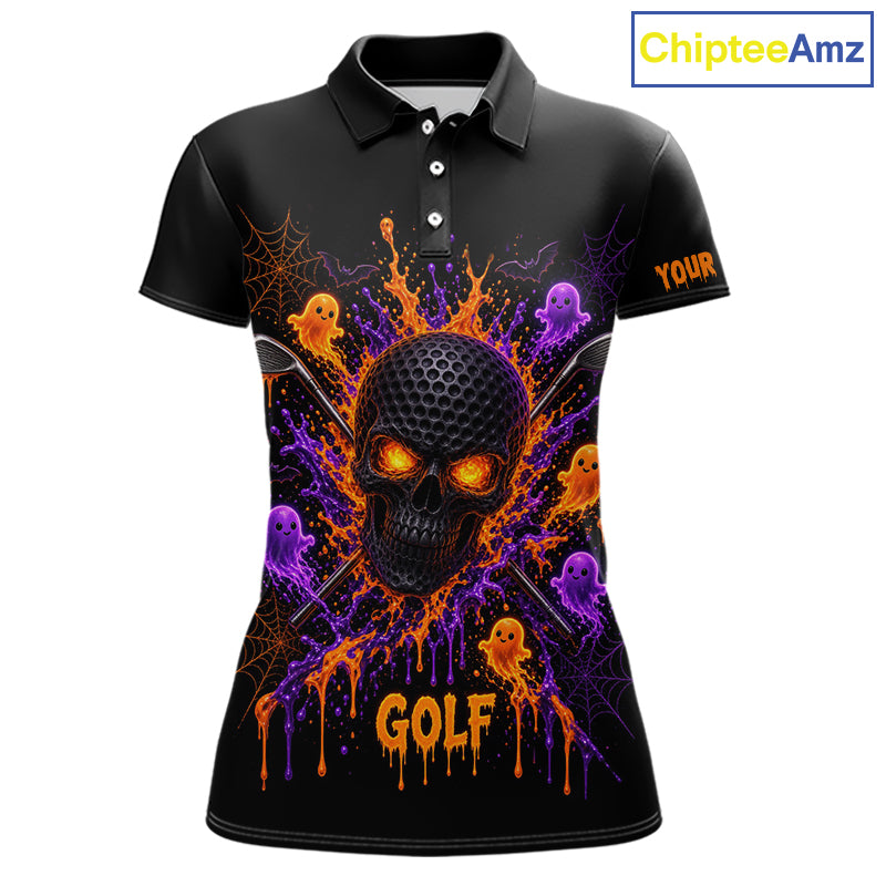 Personalized Spooky Halloween Golf Polo Shirt, Orange Purple Skull Dripping Slime Apparel