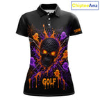 Personalized Spooky Halloween Golf Polo Shirt, Orange Purple Skull Dripping Slime Apparel