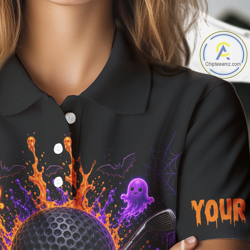 Personalized Spooky Halloween Golf Polo Shirt, Orange Purple Skull Dripping Slime Apparel