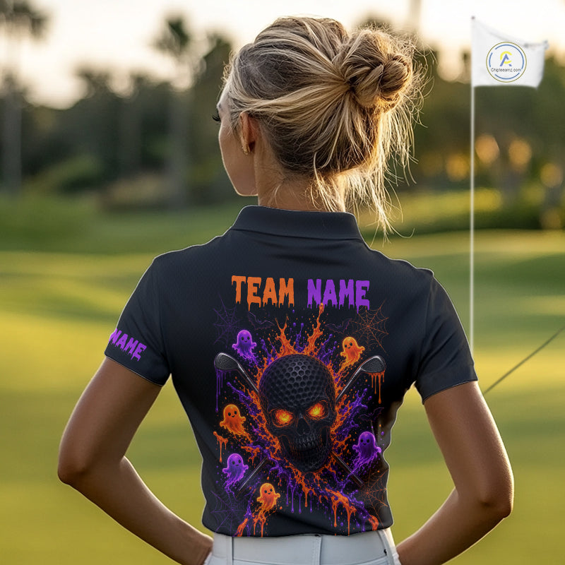 Personalized Spooky Halloween Golf Polo Shirt, Orange Purple Skull Dripping Slime Apparel