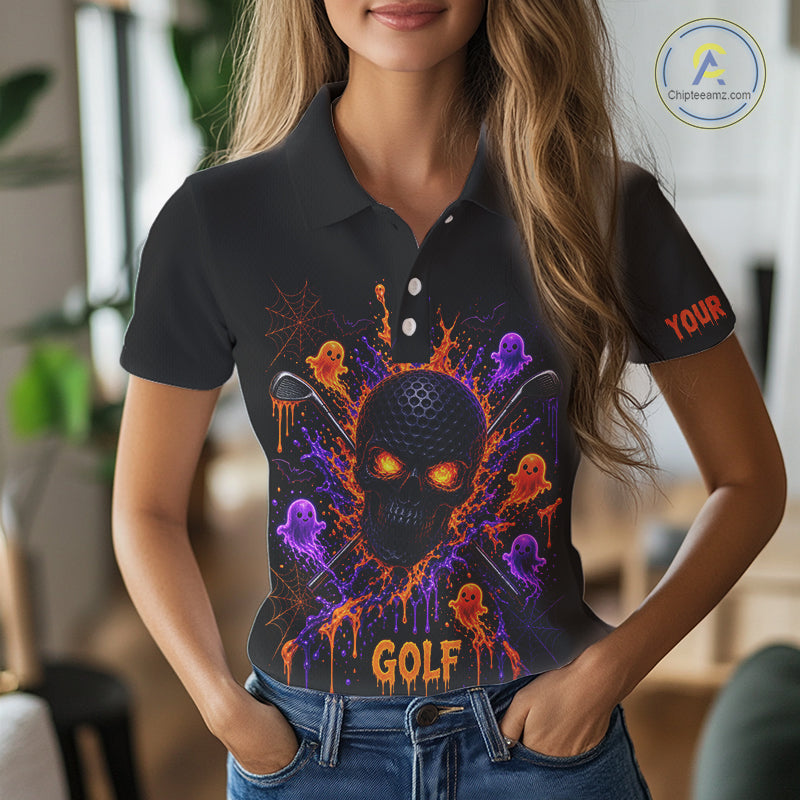 Personalized Spooky Halloween Golf Polo Shirt, Orange Purple Skull Dripping Slime Apparel