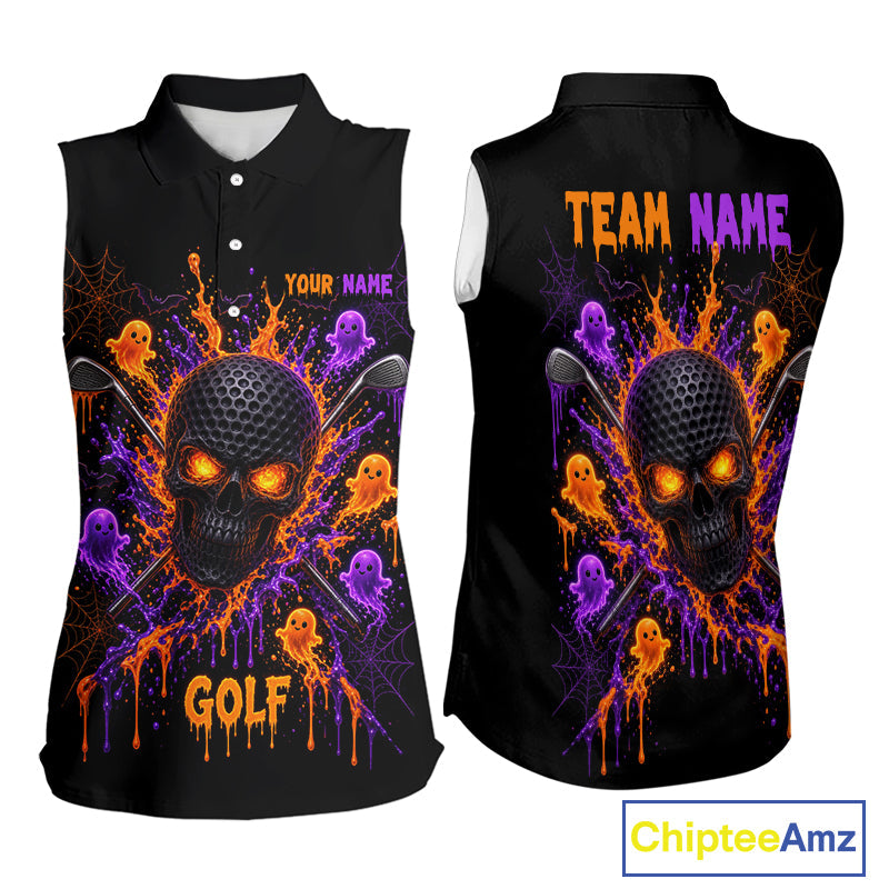 Personalized Spooky Halloween Sleeveless Golf Polo Shirt, Orange Purple Skull Dripping Slime Apparel