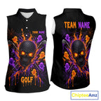 Personalized Spooky Halloween Sleeveless Golf Polo Shirt, Orange Purple Skull Dripping Slime Apparel