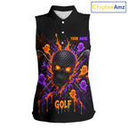 Personalized Spooky Halloween Sleeveless Golf Polo Shirt, Orange Purple Skull Dripping Slime Apparel